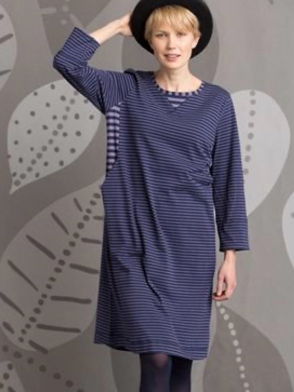 Gudrun Sjoden Blue & Lavender Striped Long Sleeve Dress Lagenlook Minimal Large